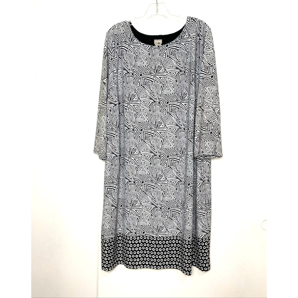 Chico's Shift Dress Plus Size 20/22 Women Black White Print 3/4 Sleeve Lined